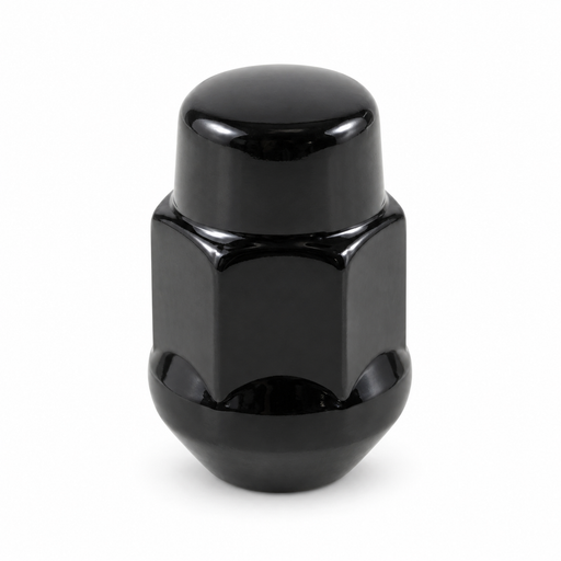Black M14x1.5 bulge acorn lug nut with a closed rounded cap and tapered base.
