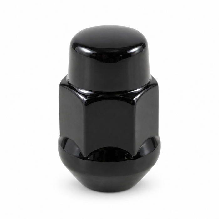Black M14x1.5 bulge acorn lug nut with a closed rounded cap and tapered base.