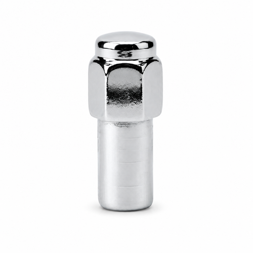 Silver M12x1.5 long Cragar-style mag lug nut with a closed cap and extended cylindrical shank.