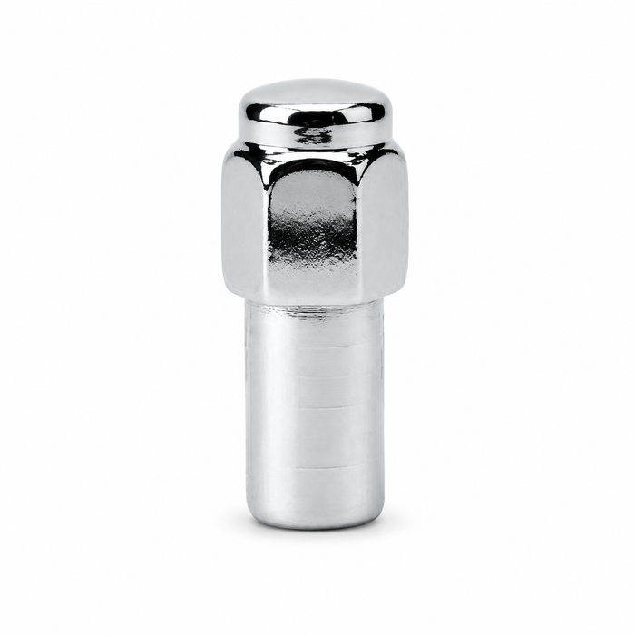 Silver M12x1.5 long Cragar-style mag lug nut with a closed cap and extended cylindrical shank.