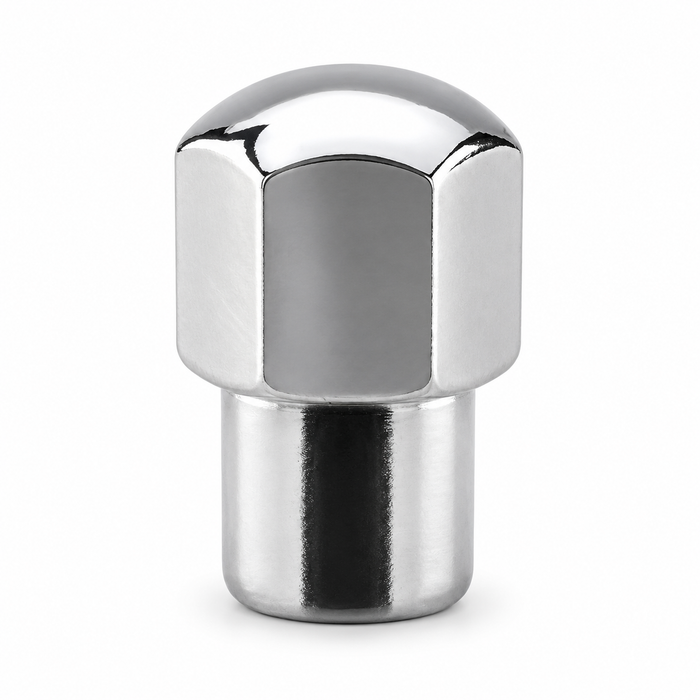 Silver M12x1.25 dome medium mag lug nut with a rounded closed head and cylindrical shank.