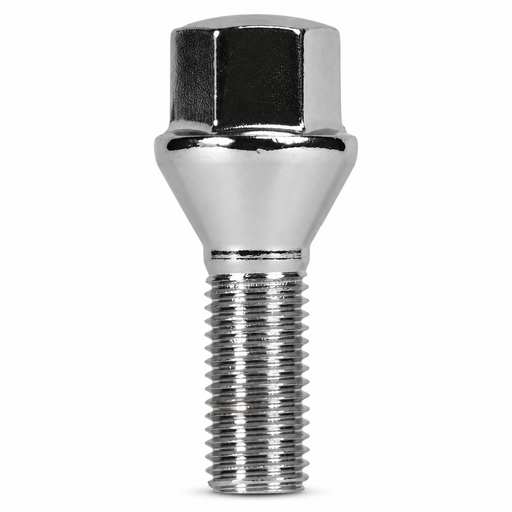 Silver M14x1.25 lug bolt with conical seat, 43 mm shank and hex head.