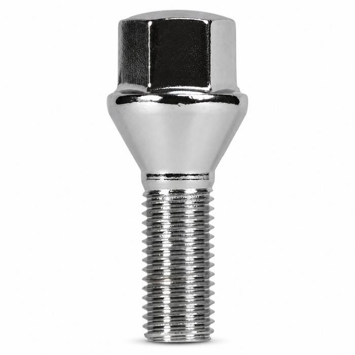 Silver M14x1.25 lug bolt with conical seat, 43 mm shank and hex head.