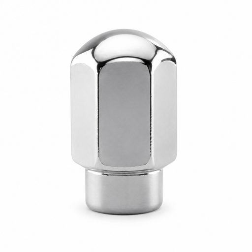 Silver M12x1.25 dome short mag lug nut with a domed closed top and short straight shank.