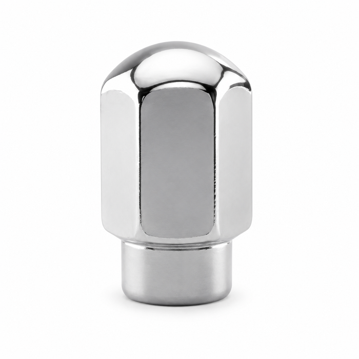 Silver M12x1.25 dome short mag lug nut with a domed closed top and short straight shank.