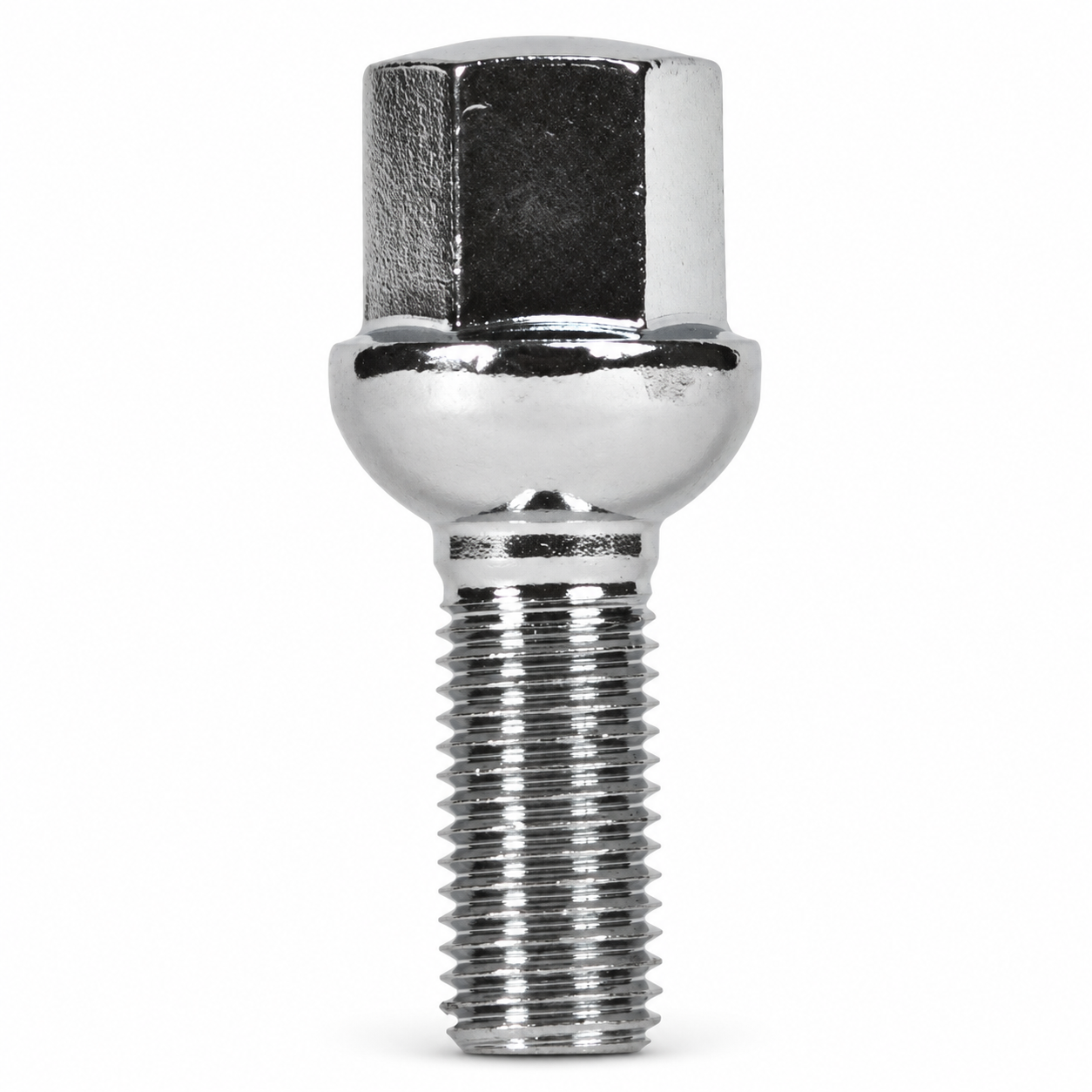 Silver M12x1.5 ball-seat lug bolt for Mercedes with a 39 mm shank and hex head.