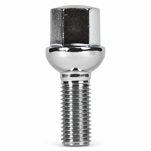 Silver M12x1.5 ball-seat lug bolt for Mercedes with a 39 mm shank and hex head.