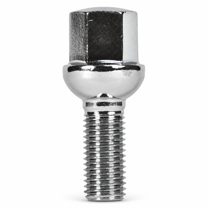 Silver M12x1.5 ball-seat lug bolt for Mercedes with a 39 mm shank and hex head.