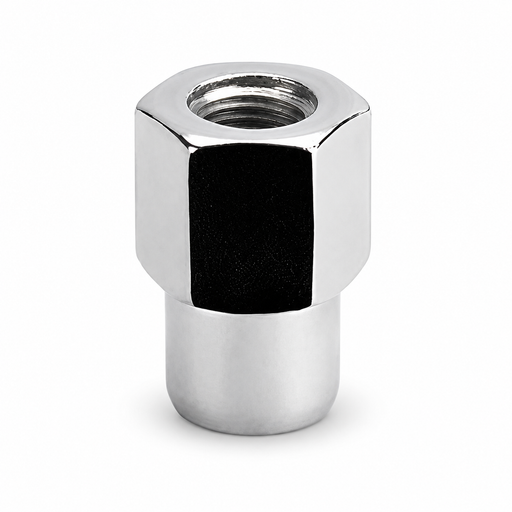 Silver M12x1.25 open-end medium mag lug nut with a hex body, threaded center and cylindrical shank.