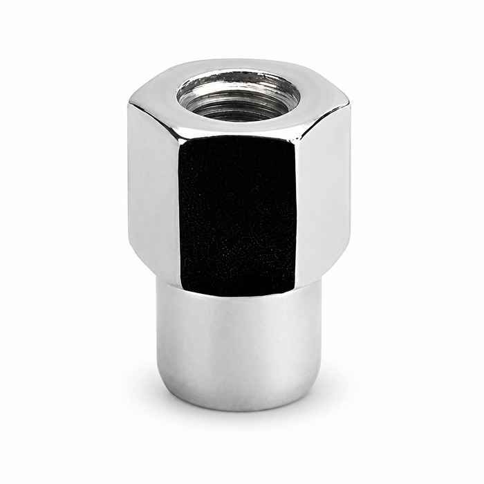 Silver M12x1.25 open-end medium mag lug nut with a hex body, threaded center and cylindrical shank.
