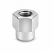 Silver M12x1.25 open-end short mag lug nut with a wide hex body and short cylindrical shank.