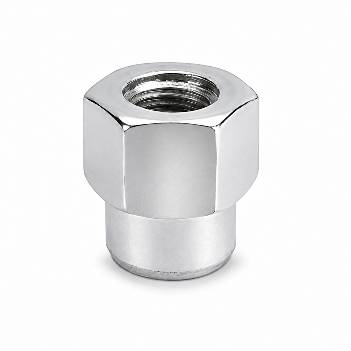 Silver 1/2-20 open-end short mag lug nut with a wide hex body and short cylindrical shank.