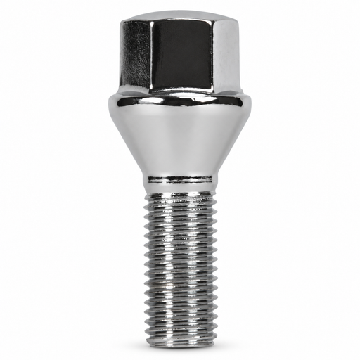Silver M14x1.5 lug bolt with conical seat, 60 mm shank and hex head.