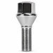 Silver M14x1.5 lug bolt with conical seat, 60 mm shank and hex head.