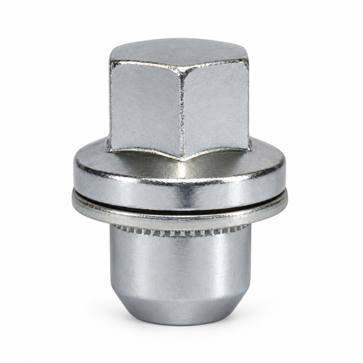 Silver M16x1.5 lug nut for Land Rover with a closed 27 mm hex head, fitted washer and cylindrical shank.