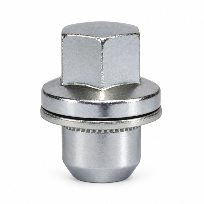 Silver M16x1.5 lug nut for Land Rover with a closed 27 mm hex head, fitted washer and cylindrical shank.