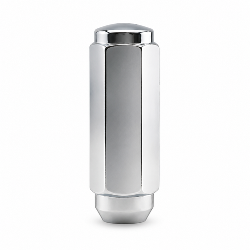 Silver 9/16-inch duplex XXL acorn lug nut with an extended hex body, closed cap and tapered seat.