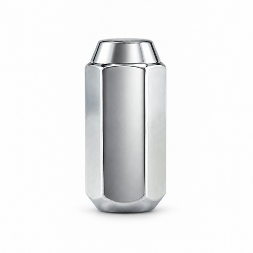 Silver M14x2 XL acorn lug nut with an elongated hex body and shallow closed cap.