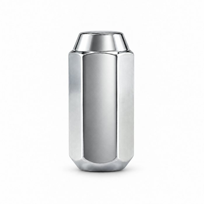 Silver M14x2 XL acorn lug nut with an elongated hex body and shallow closed cap.