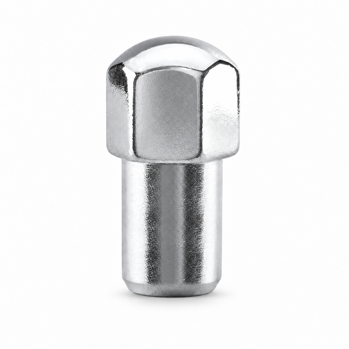 Silver 7/16-20 dome duplex mag lug nut with a rounded closed head and cylindrical shank.