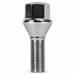 Silver M14x1.5 lug bolt with conical seat, 55 mm shank and hex head.