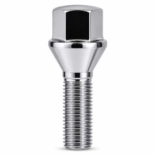 Silver M12x1.25 lug bolt with conical seat, 24 mm shank and 19 mm hex head.