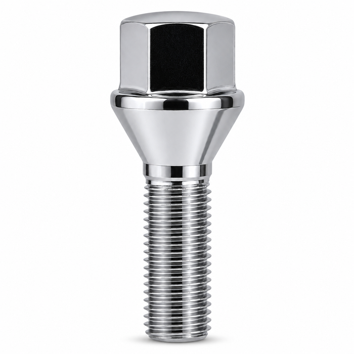 Silver M12x1.25 lug bolt with conical seat, 24 mm shank and 19 mm hex head.
