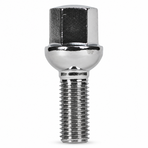 Silver M12x1.5 ball-seat lug bolt for Mercedes with a 55 mm shank and hex head.