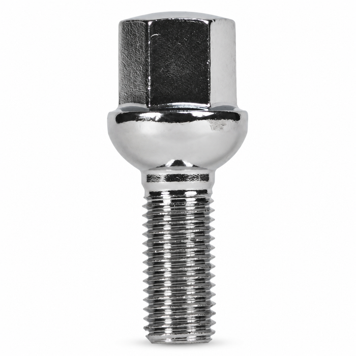 Silver M12x1.5 ball-seat lug bolt for Mercedes with a 55 mm shank and hex head.