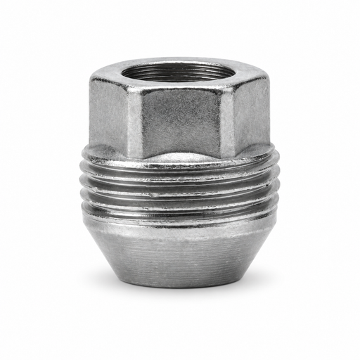 Small silver 7/16-inch lug nut for GM with an open threaded bore and external thread band.