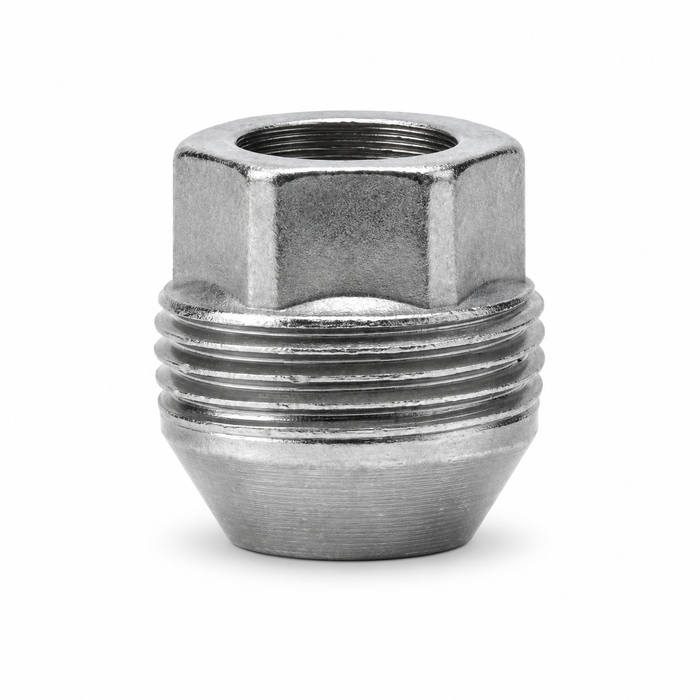 Small silver 7/16-inch lug nut for GM with an open threaded bore and external thread band.