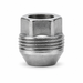 Small silver 7/16-inch lug nut for GM with an open threaded bore and external thread band.