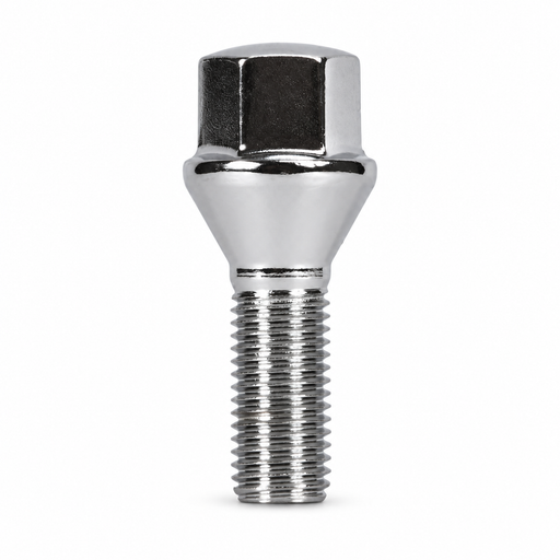 Silver M12x1.5 lug bolt with conical seat, 27 mm shank and hex head.