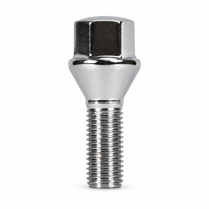 Silver M12x1.5 lug bolt with conical seat, 27 mm shank and hex head.