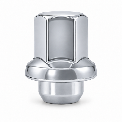 Silver M12x1.5 OEM-style lug nut for Corvette, with a closed top and broad circular shoulder.