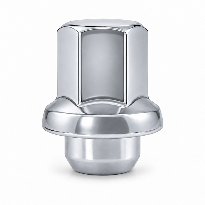 Silver M12x1.5 OEM-style lug nut for Corvette, with a closed top and broad circular shoulder.