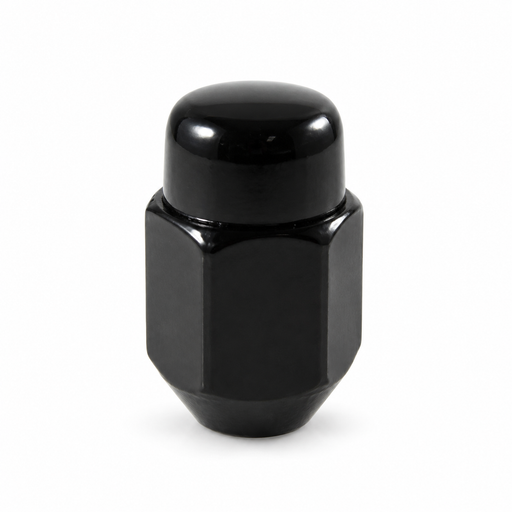 Black 1/2-20 acorn lug nut with a closed rounded cap and tapered seat.