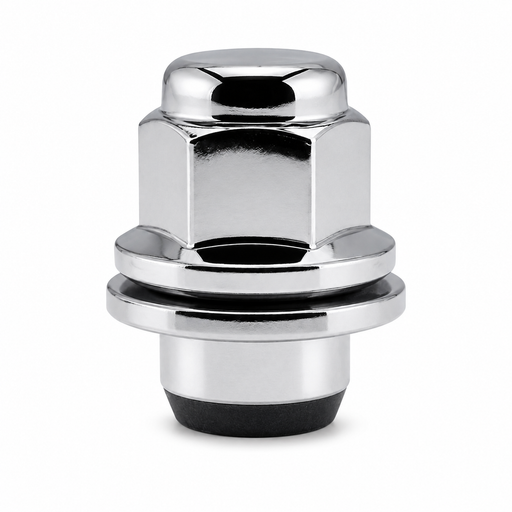 Silver 1/2-inch mag lug nut for Toyota and Lexus with a closed cap, hex body and attached washer.