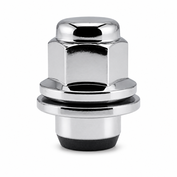 Silver 1/2-inch mag lug nut for Toyota and Lexus with a closed cap, hex body and attached washer.