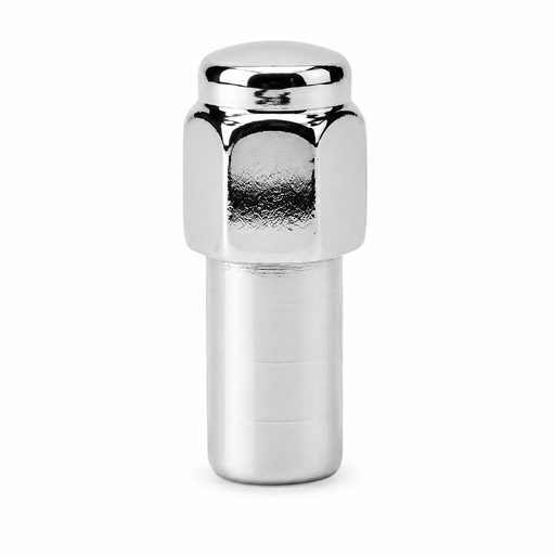 Silver 7/16-20 long Cragar-style mag lug nut with a closed cap and extended cylindrical shank.