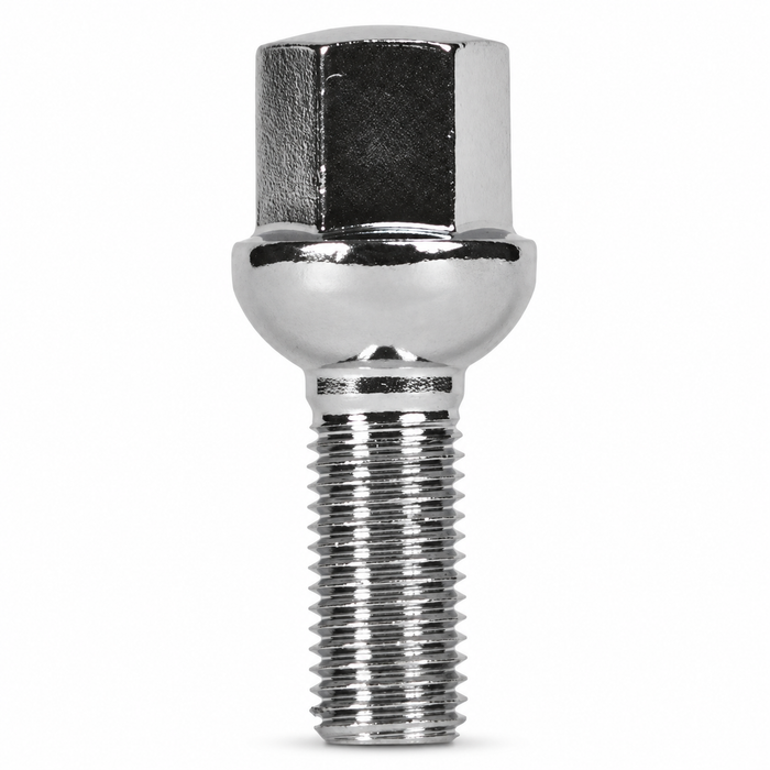 Silver M12x1.5 lug bolt with ball seat, 24 mm shank and hex head.