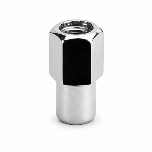 Silver 1/2-20 open-end mag lug nut with visible internal threads and a long cylindrical shank.