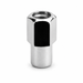 Silver 1/2-20 open-end mag lug nut with visible internal threads and a long cylindrical shank.