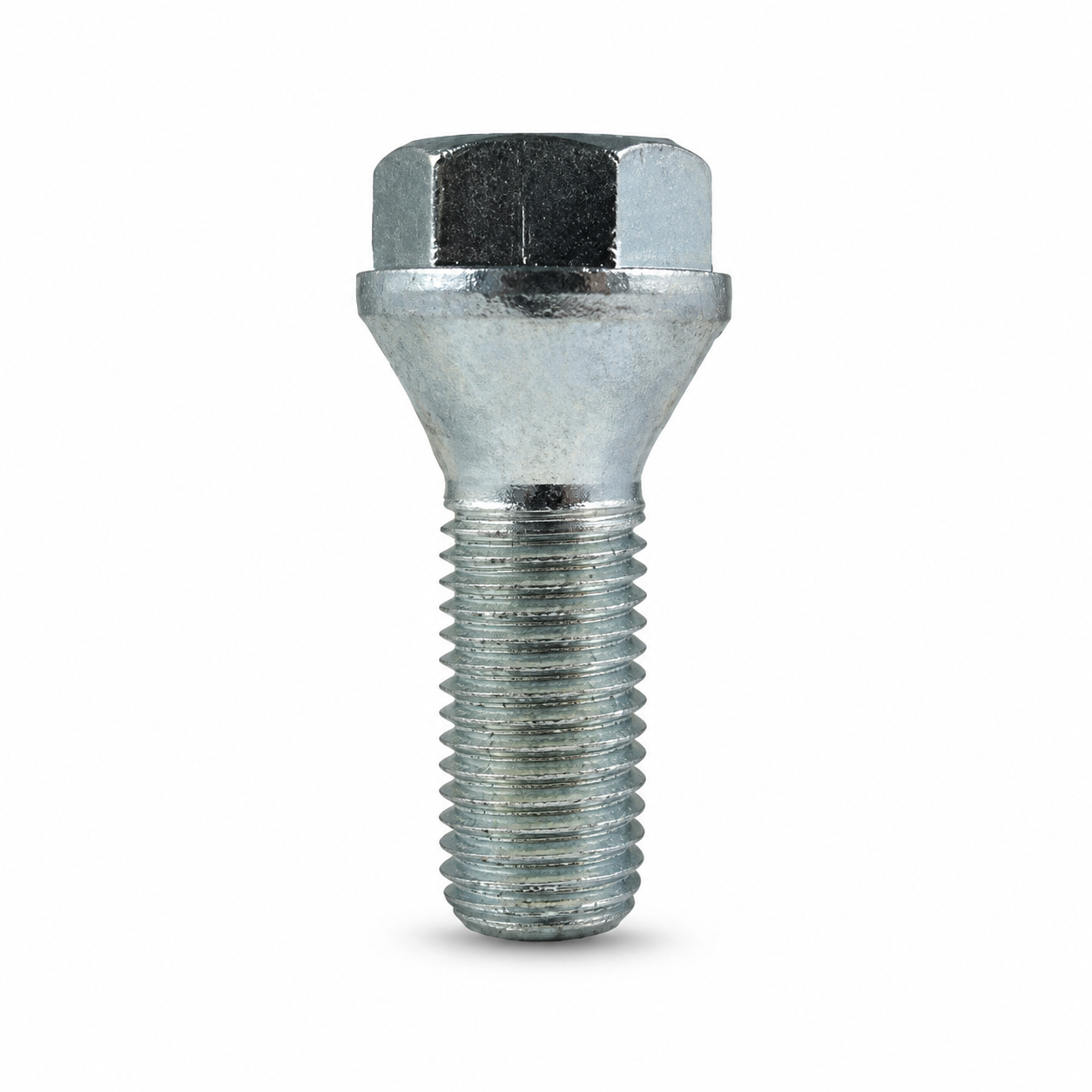 Gray M12x1.5 lug bolt with conical seat, 26 mm shank and short hex head.