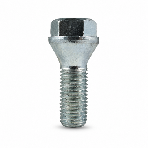 Gray M12x1.5 lug bolt with conical seat, 26 mm shank and short hex head.