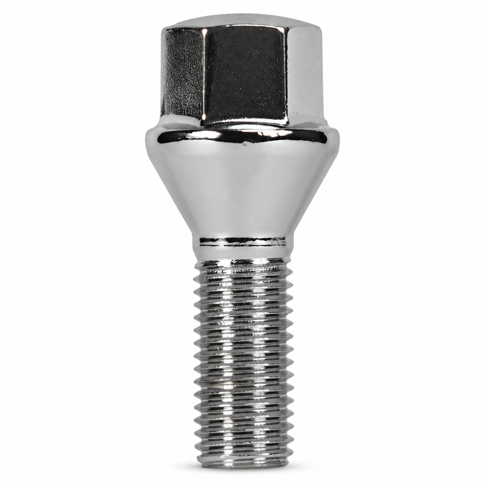 Silver M12x1.25 lug bolt with conical seat, 24 mm shank and hex head.