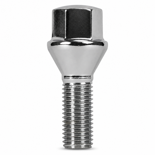 Silver M15x1.25 lug bolt with conical seat, 33 mm shank and hex head.