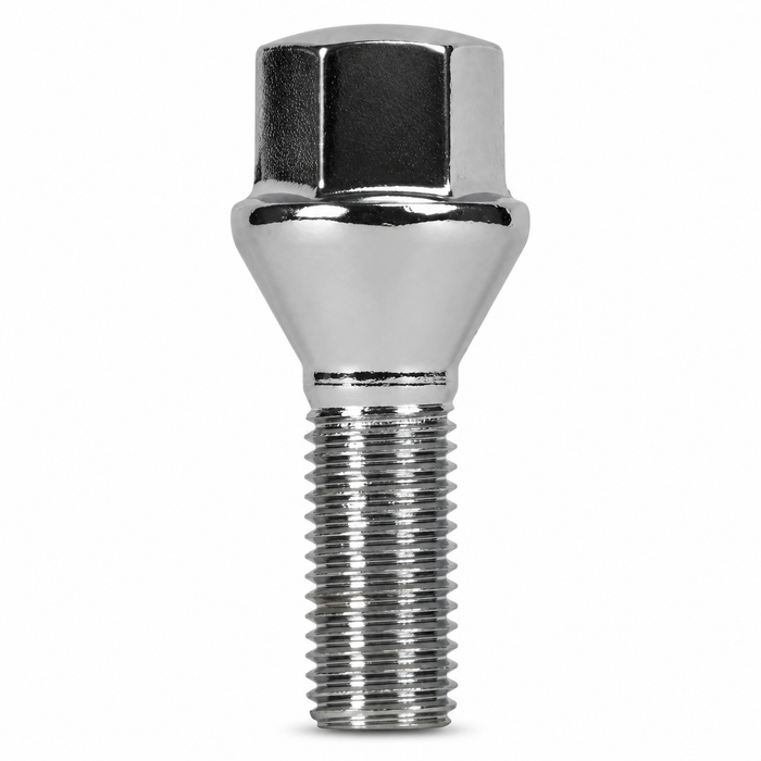 Silver M15x1.25 lug bolt with conical seat, 33 mm shank and hex head.