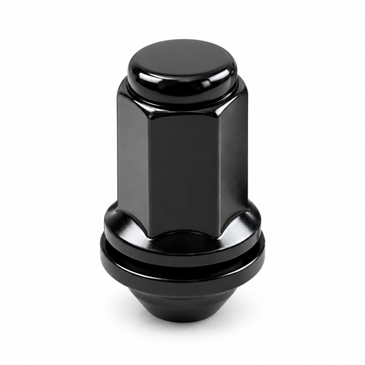 Black long OEM-style mag lug nut for Toyota and Lexus, with a closed cap and attached washer.