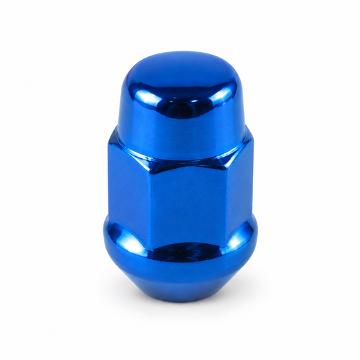 Blue M12x1.25 bulge acorn lug nut with a closed rounded cap and tapered base.